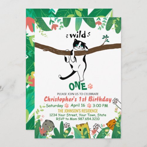 Wild One Tuxedo Kitty Kids 1st Birthday Invitation