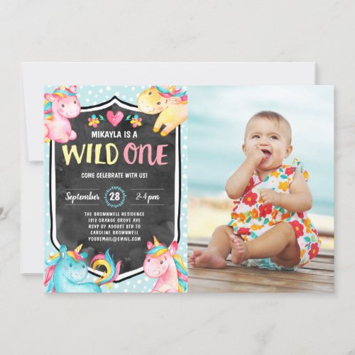 Wild One Unicorn 1st Birthday Party Photo Invitation