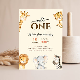 Wild One Watercolor Animal Girl Boy 1st Birthday Invitation