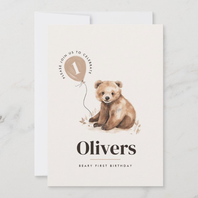 Wild one watercolor bear 1st birthday modern  invitation (Front)