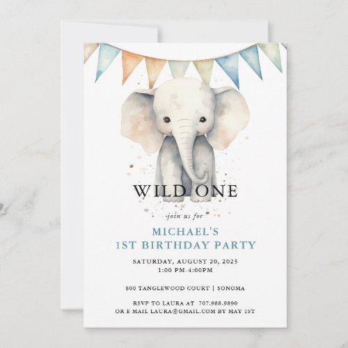 Wild One Watercolor Elephant Blue 1st Birthday Invitation