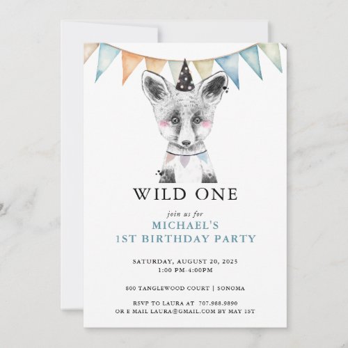 Wild One Watercolor Fox Blue 1st Birthday Invitation