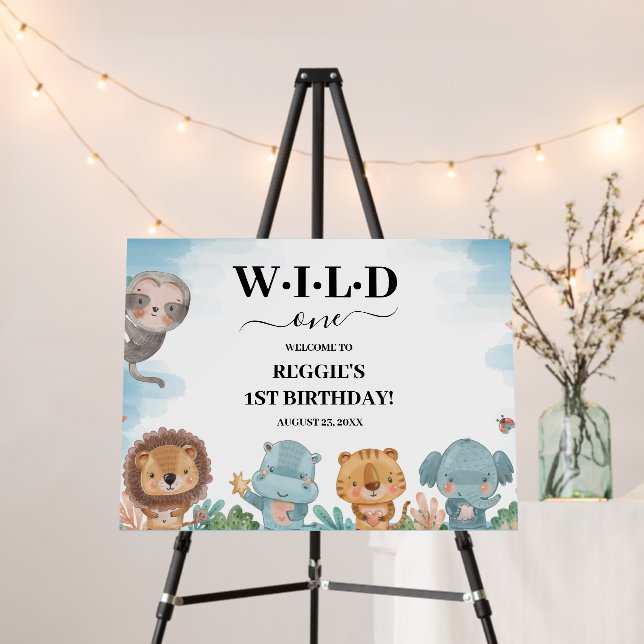 Wild One Watercolor Jungle Animals 1st Birthday Foam Board (In Situ (Stand))