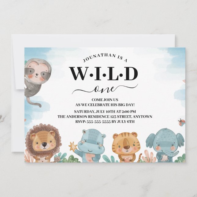 Wild One Watercolor Jungle Animals 1st Birthday  Invitation (Front)