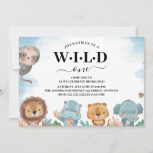 Wild One Watercolor Jungle Animals 1st Birthday Invitation