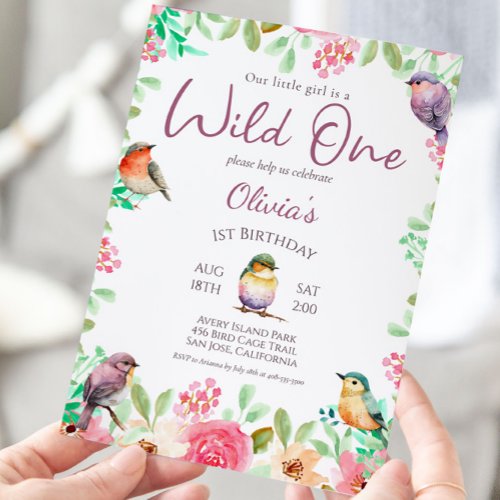 Wild One Watercolor Little Girl Bird 1st Birthday Invitation