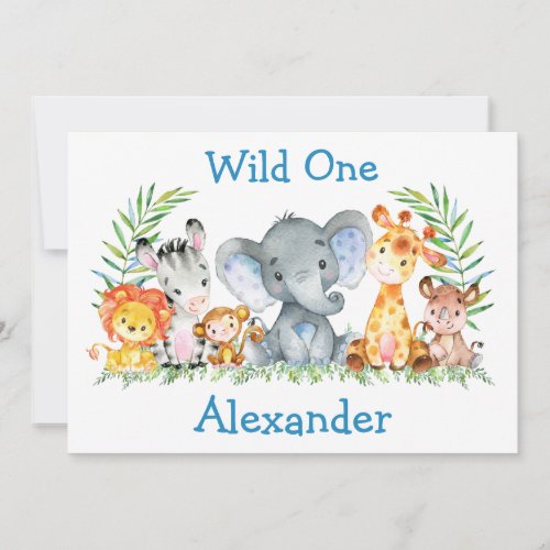 Wild One Watercolor Safari Animals 1st Birthday Invitation