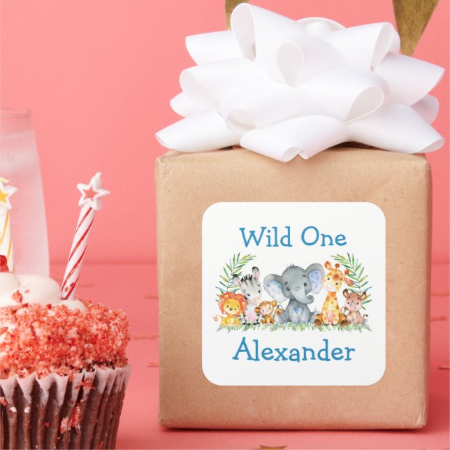 Wild One Watercolor Safari Animals 1st Birthday Square Sticker (Party)