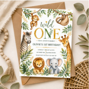 Wild One Watercolor Safari First Birthday Invitation