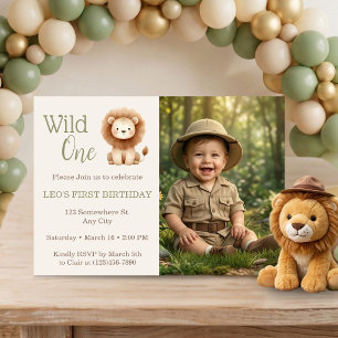 Wild One Watercolor Safari Lion 1st Birthday Photo Invitation