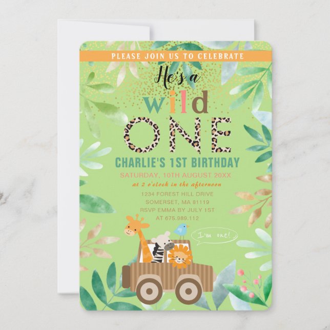 Wild One Watercolour Safari Animals 1st Birthday Invitation (Front)