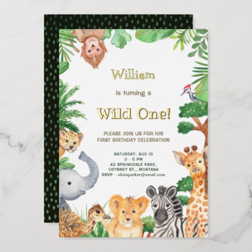 Wild One Whimsical Jungle Safari Camping Birthday Foil Invitation