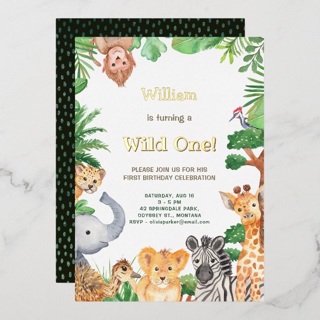 Wild One Whimsical Jungle Safari Camping Birthday Foil Invitation (Front/Back)