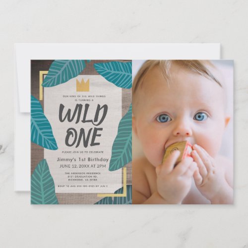 Wild One Wild Things Crown Photo Boy 1st Birthday Invitation