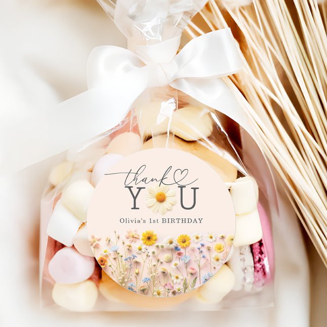 Wild One Wildflower First 1st Birthday Party Classic Round Sticker (Creator Uploaded)