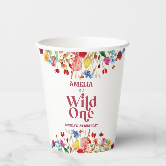 Wild One Wildflower First 1st Birthday Party Paper Cups (Front)