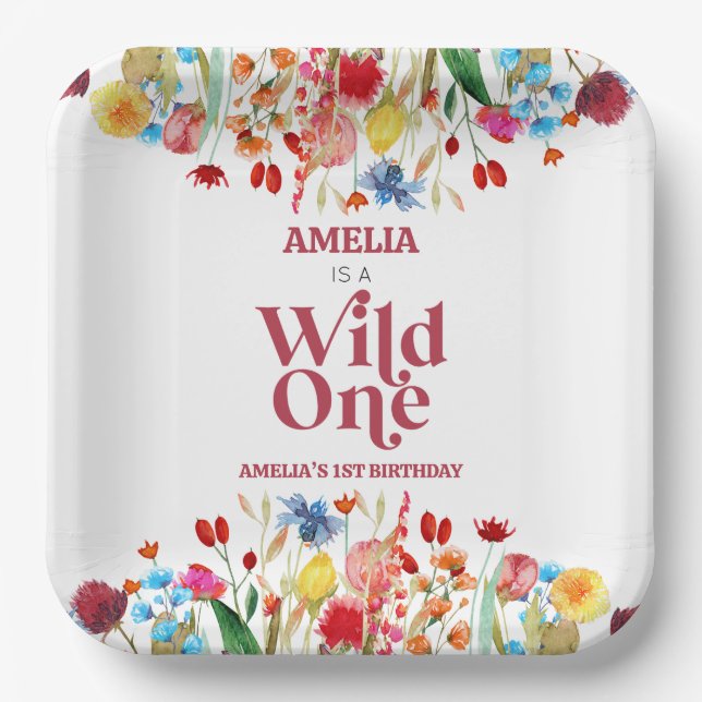 Wild One Wildflower First 1st Birthday Party Paper Plates (Front)