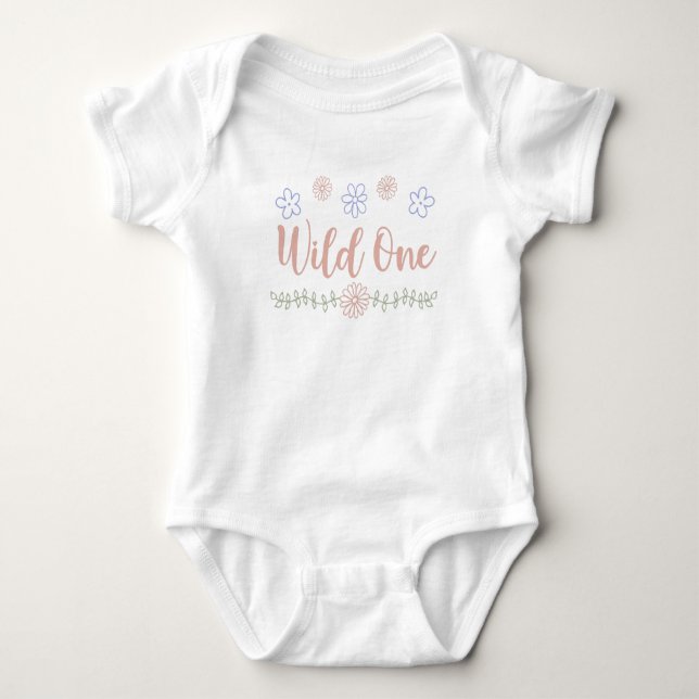  Wild One Wildflower One Year Old Birthday Baby Bodysuit (Front)