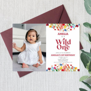 Wild One Wildflower Photo First 1st Birthday Party Invitation