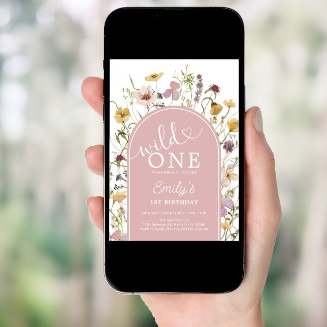 Wild One Wildflowers Blush Pink 1st Birthday Invitation (Front Digital)