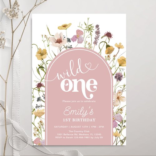 Wild One Wildflowers Blush Pink 1st Birthday Invitation