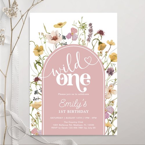 Wild One Wildflowers Blush Pink 1st Birthday Invitation