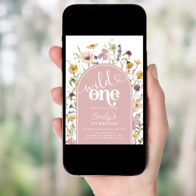 Wild One Wildflowers Blush Pink 1st Birthday Invitation (Front Digital)