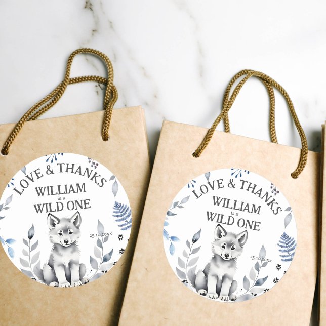 Wild One wolf themed birthday party favor Classic Round Sticker (Wolf themed birthday party favor gift stickers cute grey wolf cub thank you stickers woodlands)