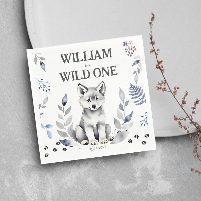 Wild One wolf themed birthday party tableware Napkins (Wild one wolf themed birthday party tableware personalized napkins woodlands cute wolf cub party)