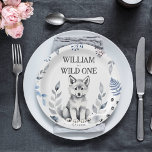 Wild One wolf themed birthday party tableware Paper Plates<br><div class="desc">Wild One wolf themed birthday party tableware personalized party plates,  cute fluffy grey wolf cub some forest leaves for a wolf woodlands birthday party</div>
