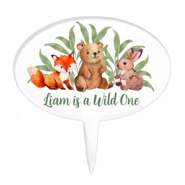 Wild One Woodland 1st Birthday Cute Animals Leaves Cake Topper (Front)