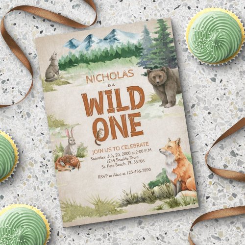 Wild One Woodland Animal 1st Birthday Invitation
