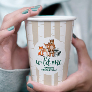 Wild One Woodland Animal Birch Tree First Birthday Paper Cups