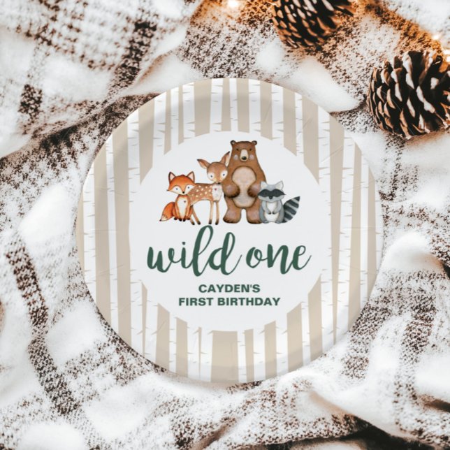 Wild One Woodland Animal Birch Tree First Birthday Paper Plates (Creator Uploaded)