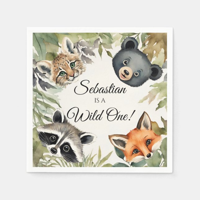 Wild One Woodland Animal Birthday Party Napkins (Front)