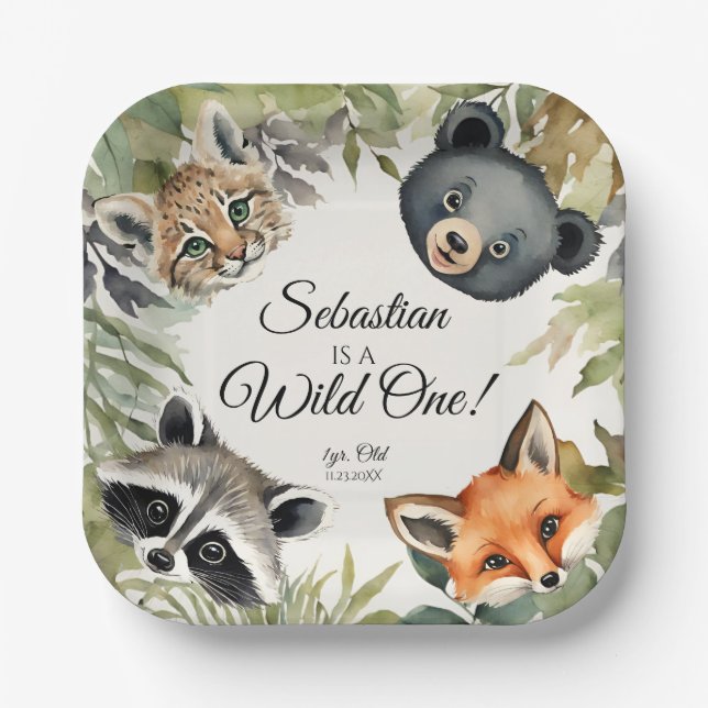 Wild One Woodland Animal Birthday Party Paper Plates (Front)