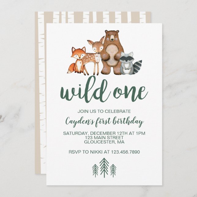 Wild One Woodland Animal First Birthday Invitation (Front/Back)