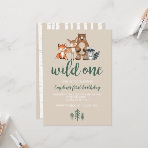 Wild One Woodland Animal First Birthday Invitation