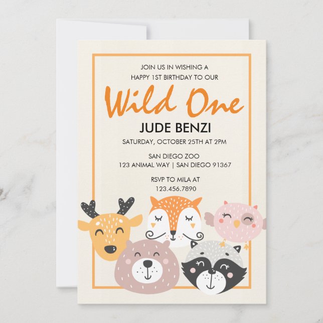 Wild One Woodland Animal First Birthday invitation (Front)