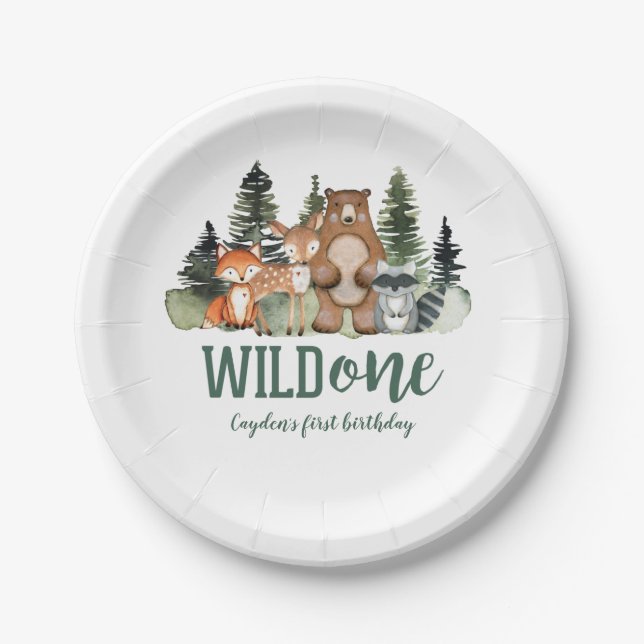 Wild One Woodland Animal First Birthday Paper Plates (Front)