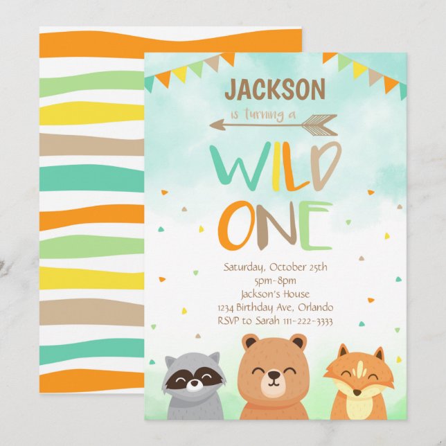 Wild One Woodland Animals 1st Birthday Invite (Front/Back)