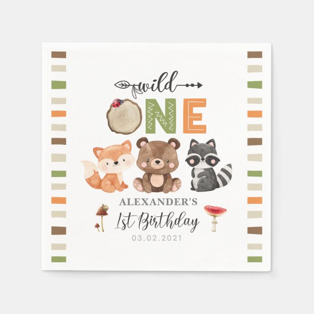 Wild One Woodland Animals 1st Birthday Napkins (Front)