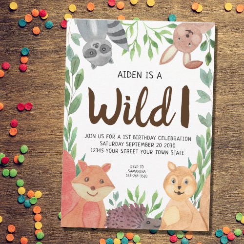 Wild One Woodland Animals 1st Birthday Party Invitation