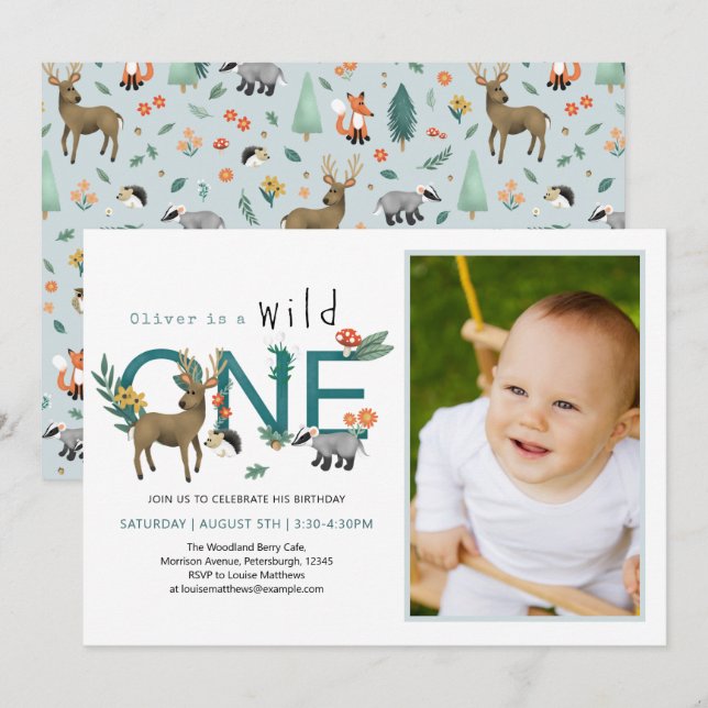 Wild One Woodland Animals 1st Birthday Photo Invitation (Front/Back)