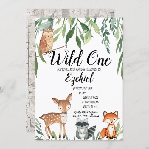 Wild one Woodland Animals Birthday Invitation Boy