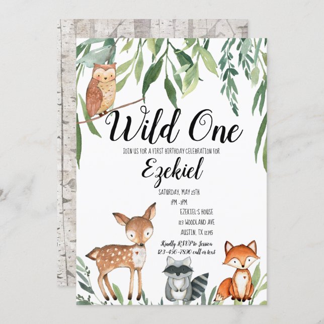 Wild one Woodland Animals Birthday Invitation Boy (Front/Back)