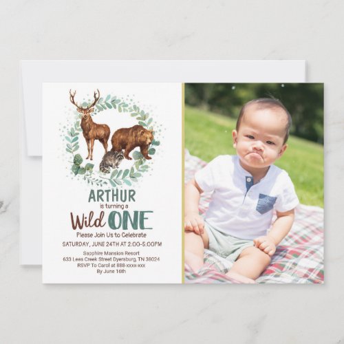 Wild One Woodland Animals Birthday Invitation Boys