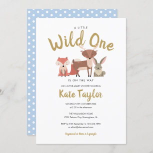 Wild One Woodland Animals Blue Baby Shower Invitation