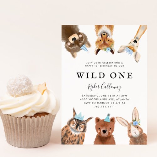 Wild One Woodland Animals First Birthday Party  Invitation