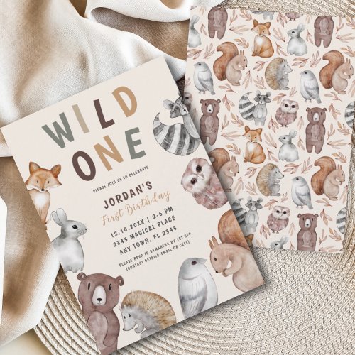 Wild One Woodland Animals First Birthday Party Invitation